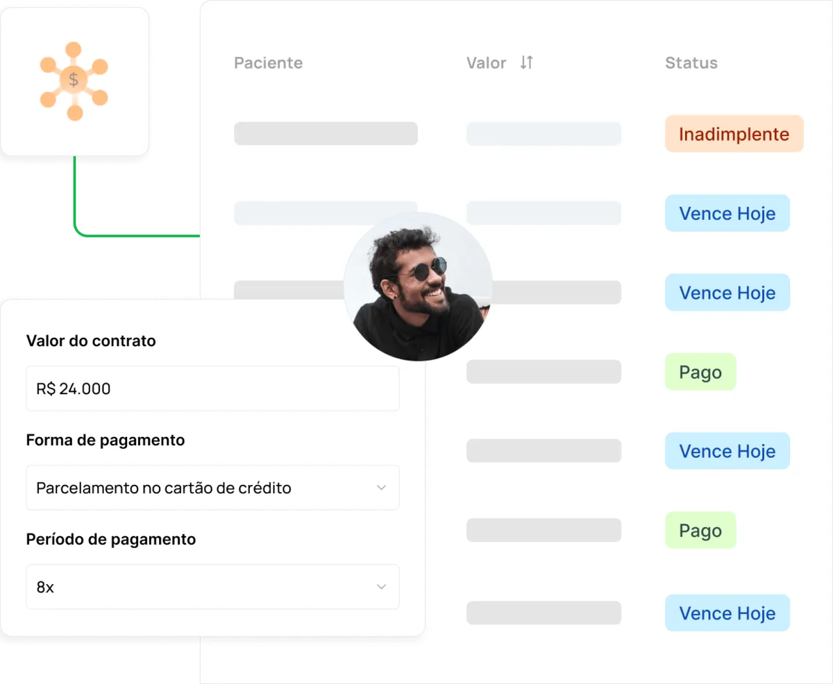 Lista de recebíveis com status pago, vence hoje e inadimplente, e formulário de parcelamento